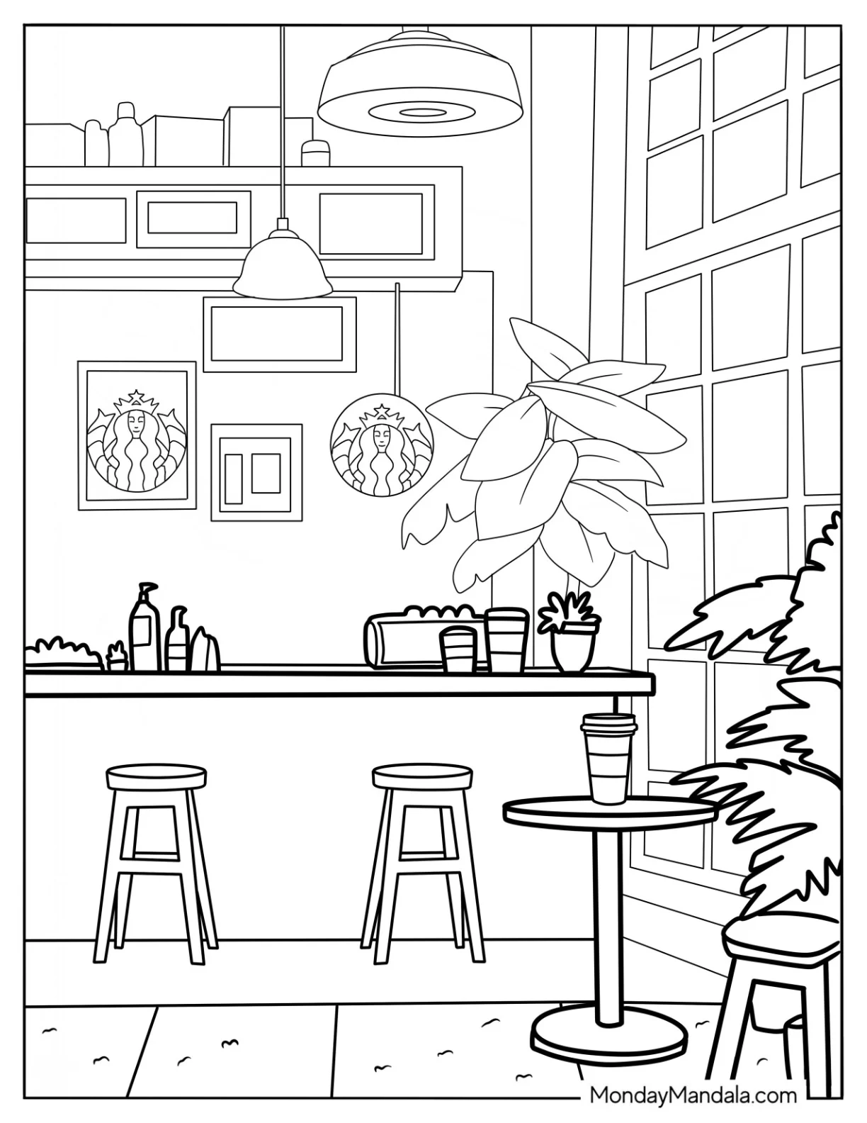 Starbucks Coloring Page Of Cafe With Potted Plants coloring page