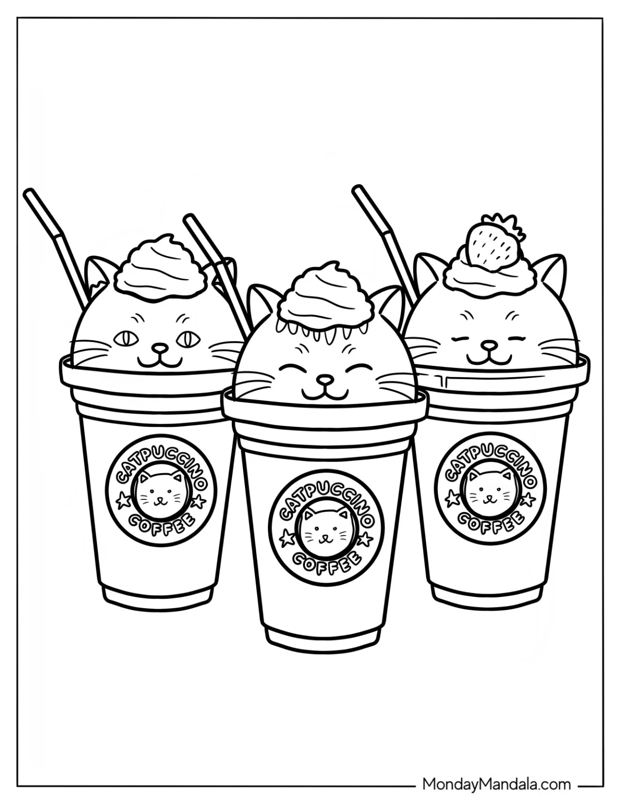 Starbucks Coloring Page Of Three Cute Kittens In A Catpuccino Cup coloring page