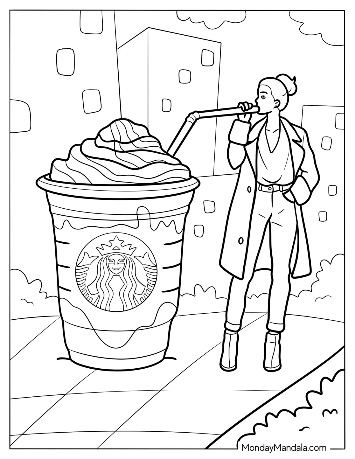 Woman Drinking From A Massive Starbucks Coloring Page Of Cup coloring page