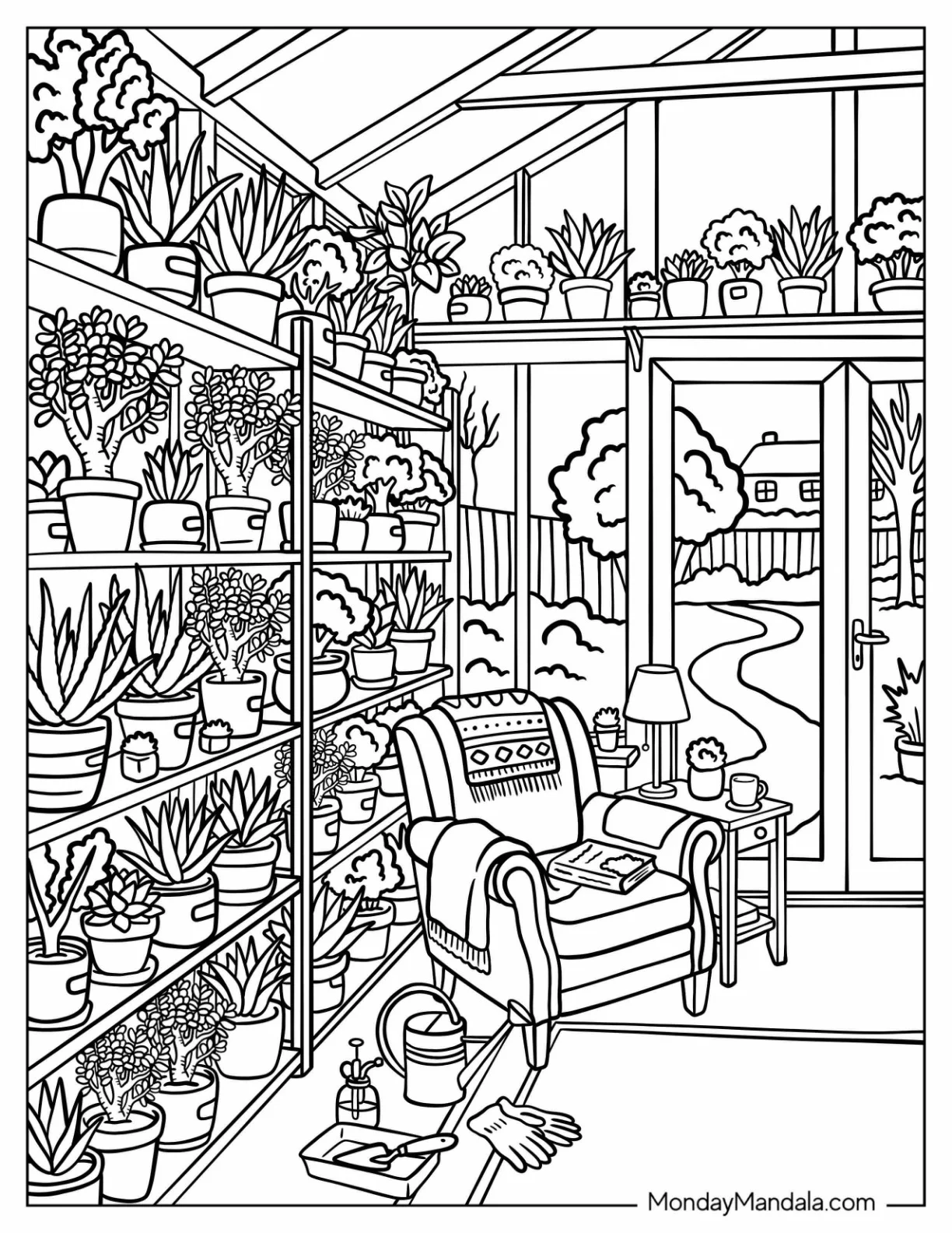 Aloe, Jade Plant, and Burro’s Tail Succulents in a Sunroom Garden Coloring Page coloring page