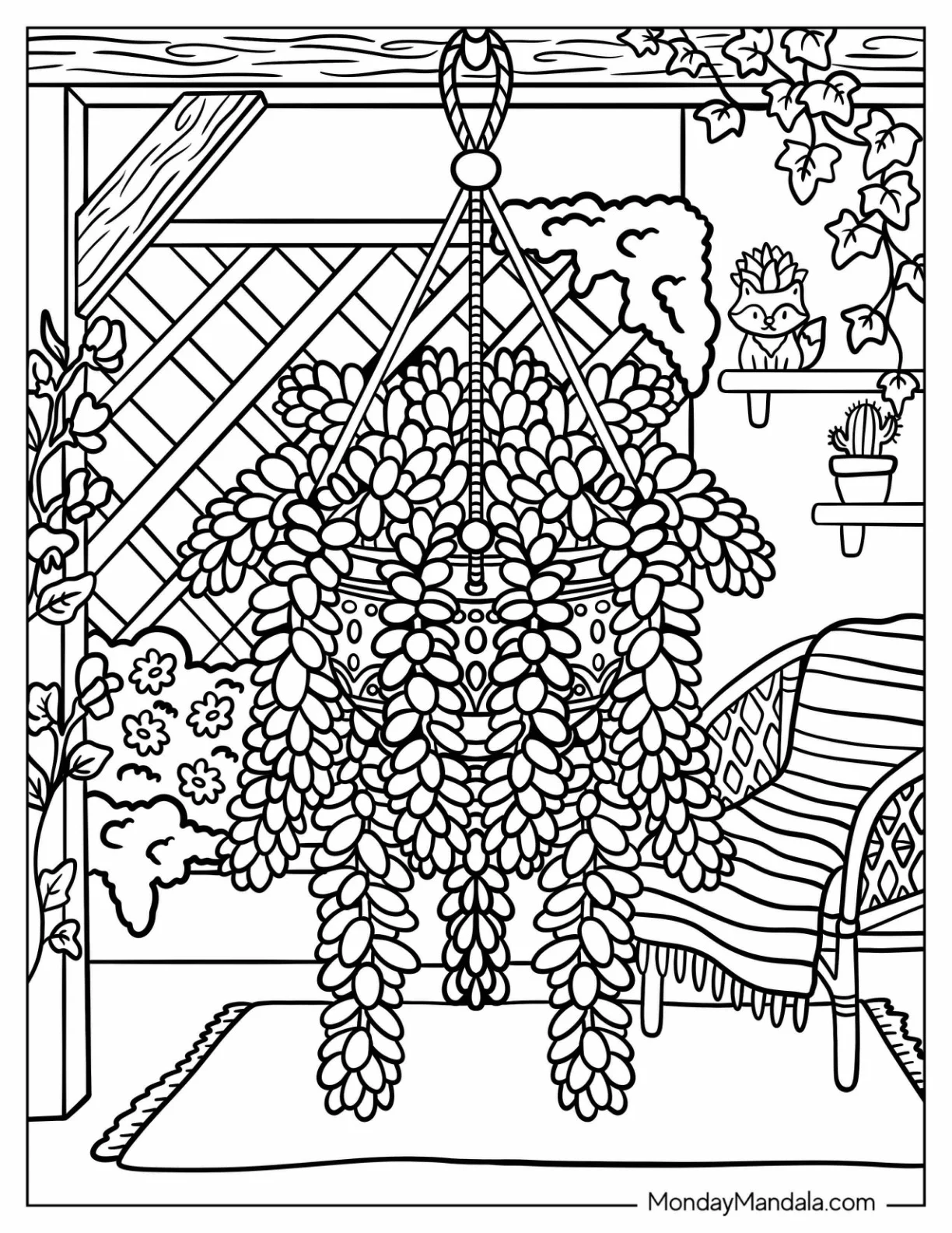 Burro’s Tail Succulent in a Hanging Basket on a Covered Patio Coloring Page coloring page