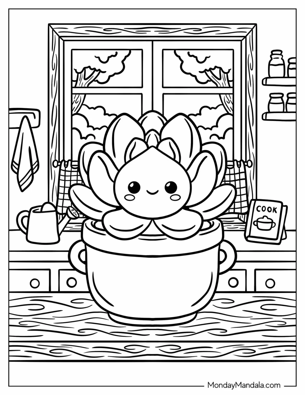 Echeveria Succulent Growing in a Kitchen Pot Coloring Page for Kids coloring page