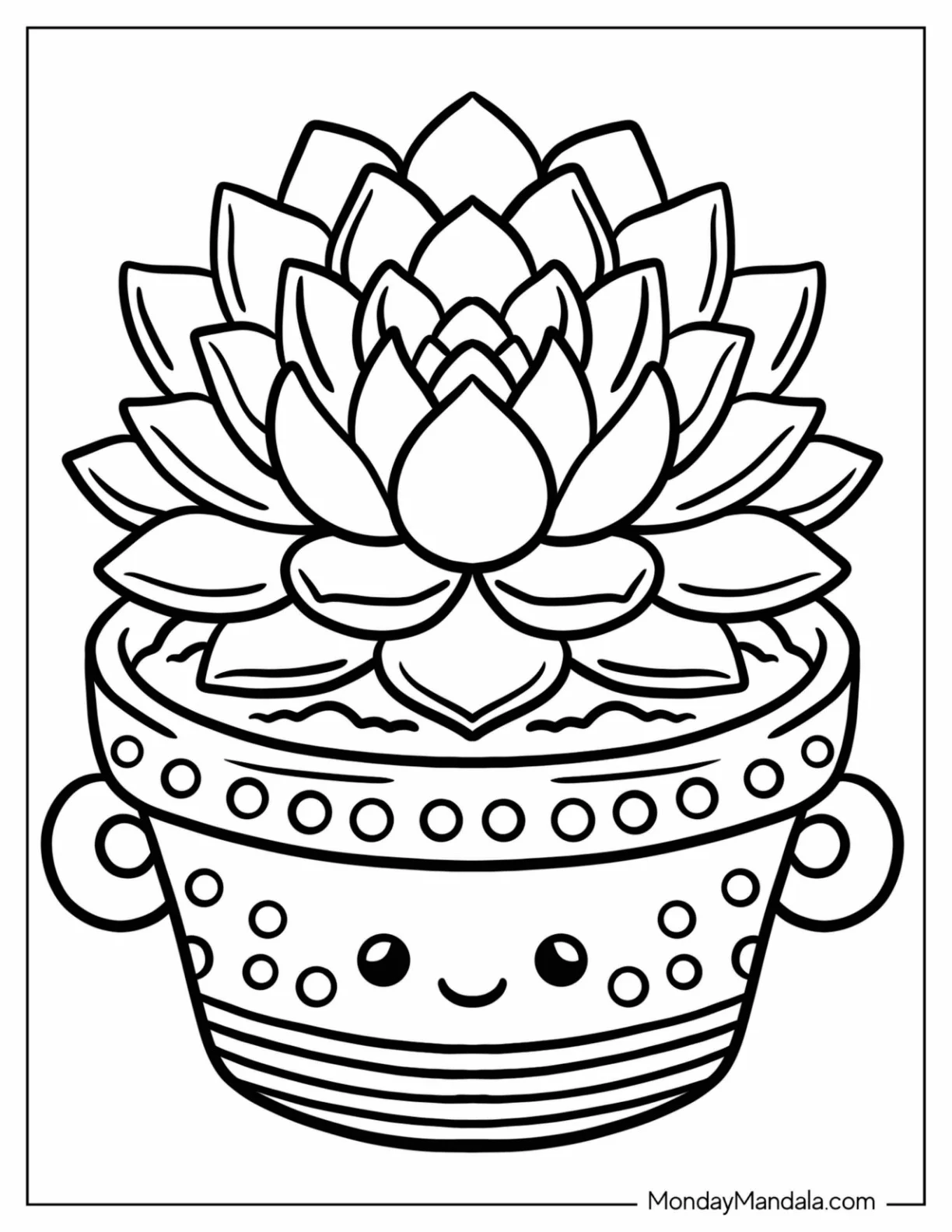 Kawaii Succulent in a Smiling Decorative Pot Coloring Page for Kids coloring page