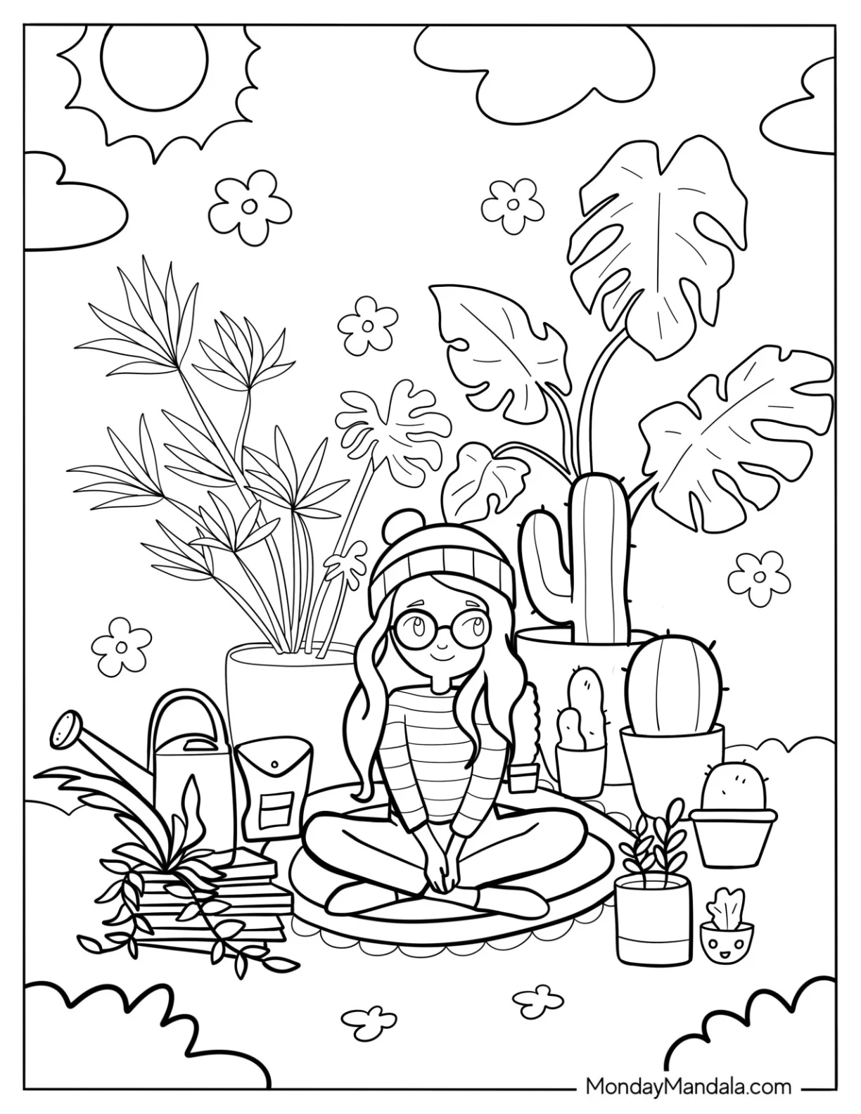 Nerdy Girl Surrounded By Succulents Coloring Page For Kids coloring page