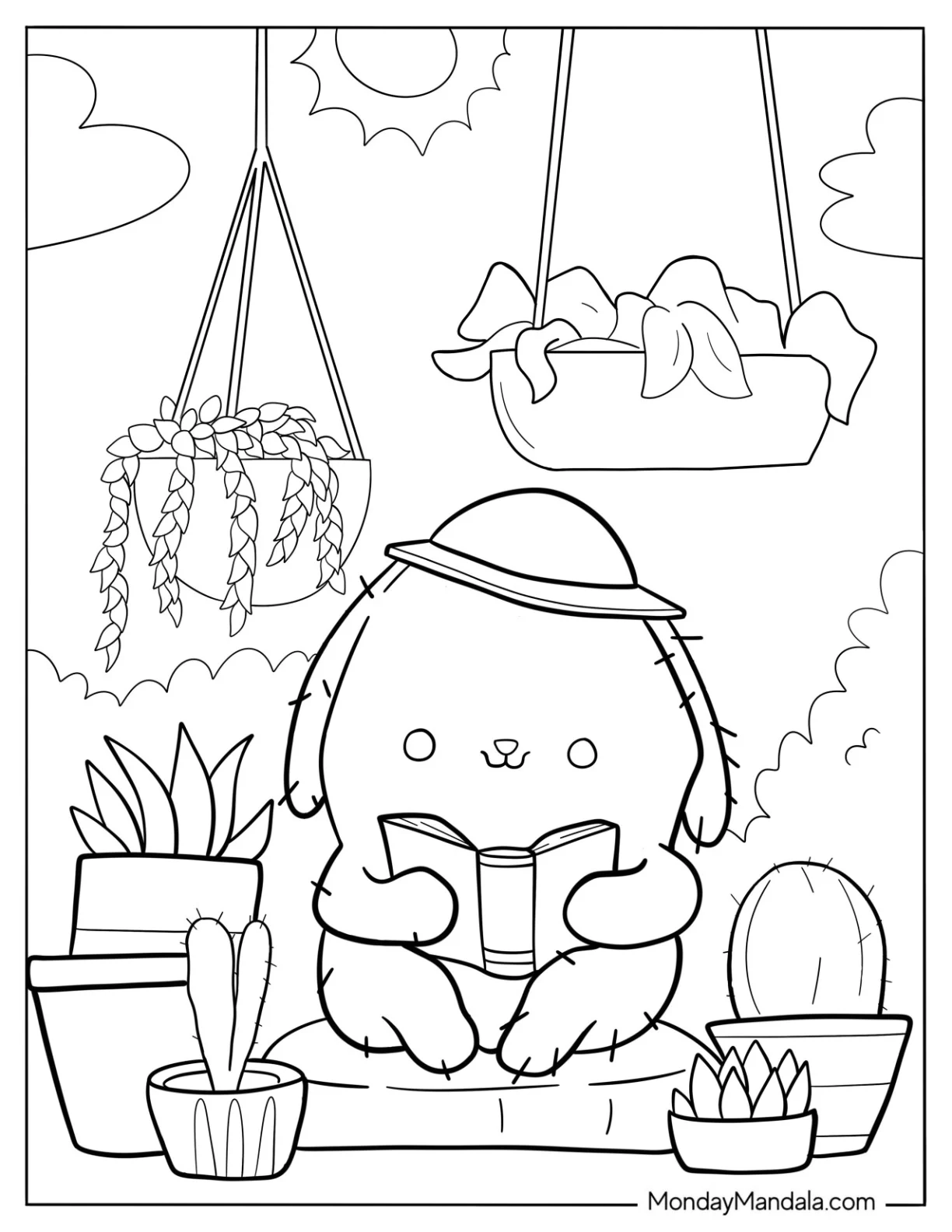Pompompurin Reading While Surrounded By Succulent Coloring Page coloring page