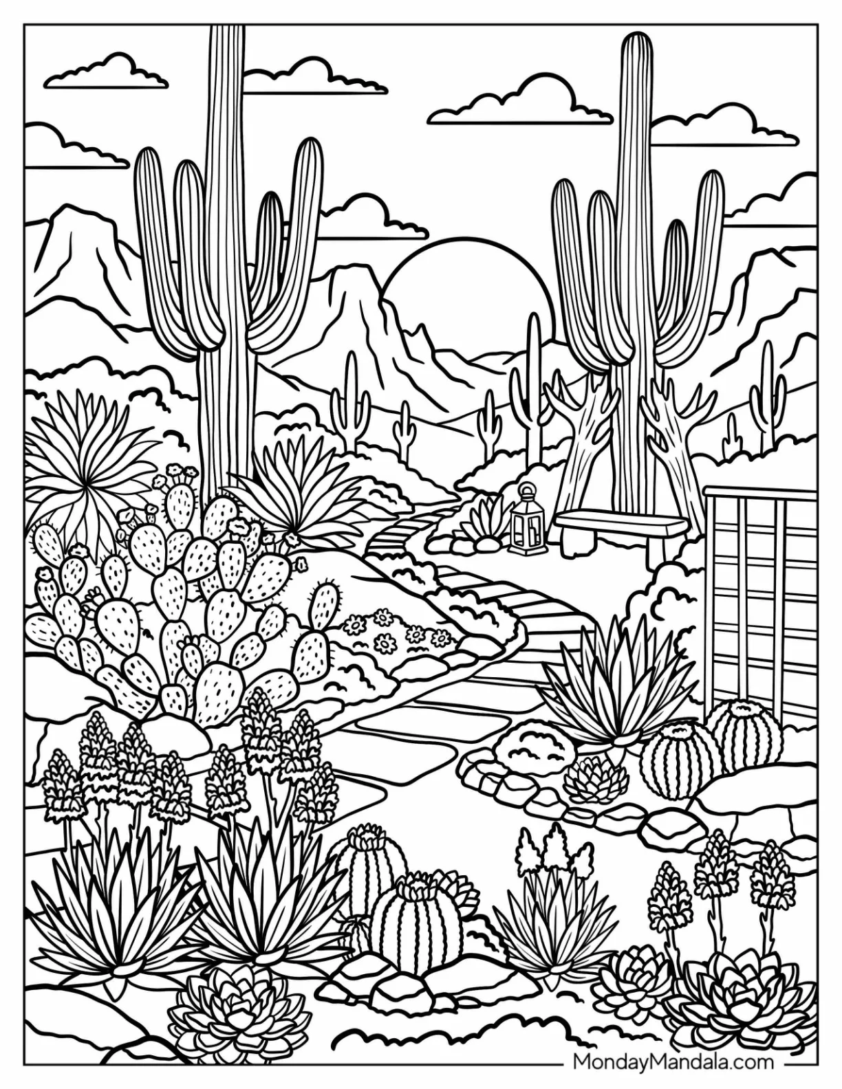 Saguaro Cacti, Prickly Pear, Agave, and Echeveria Desert Garden Coloring Sheet coloring page