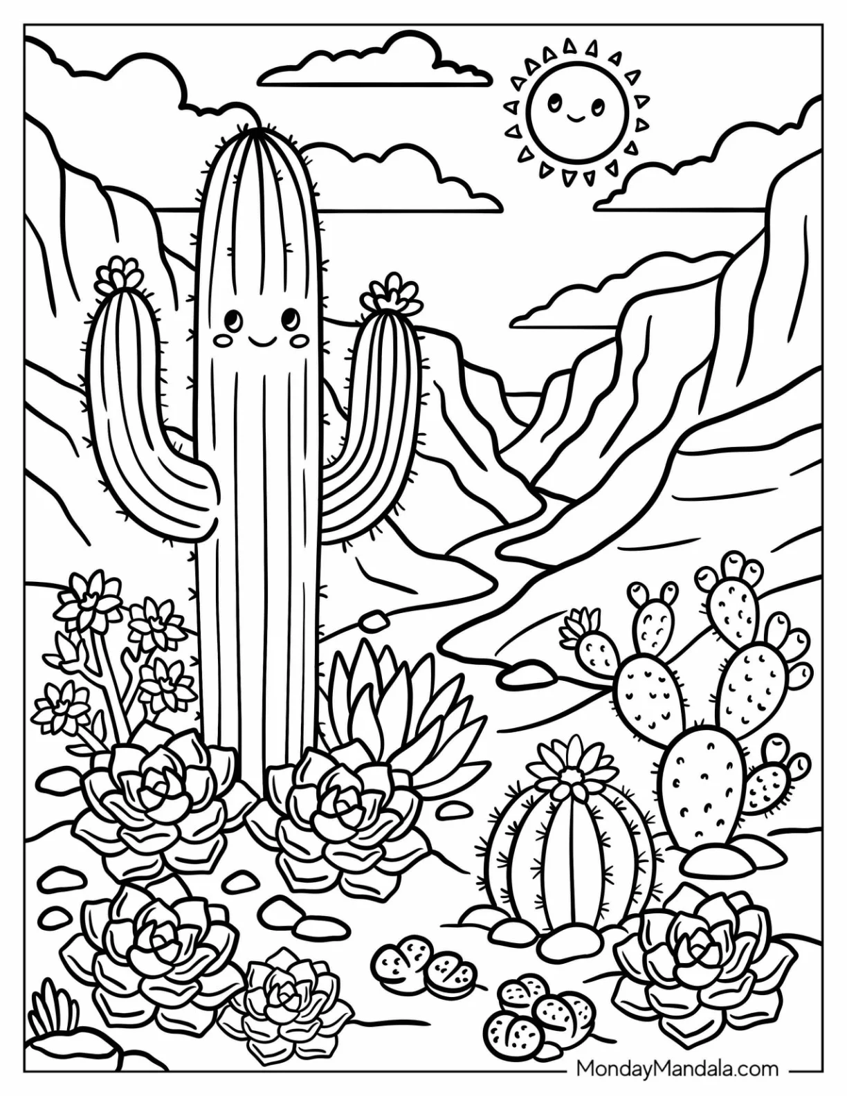 Saguaro Cactus, Prickly Pear, and Echeveria Desert Garden Coloring Sheet coloring page