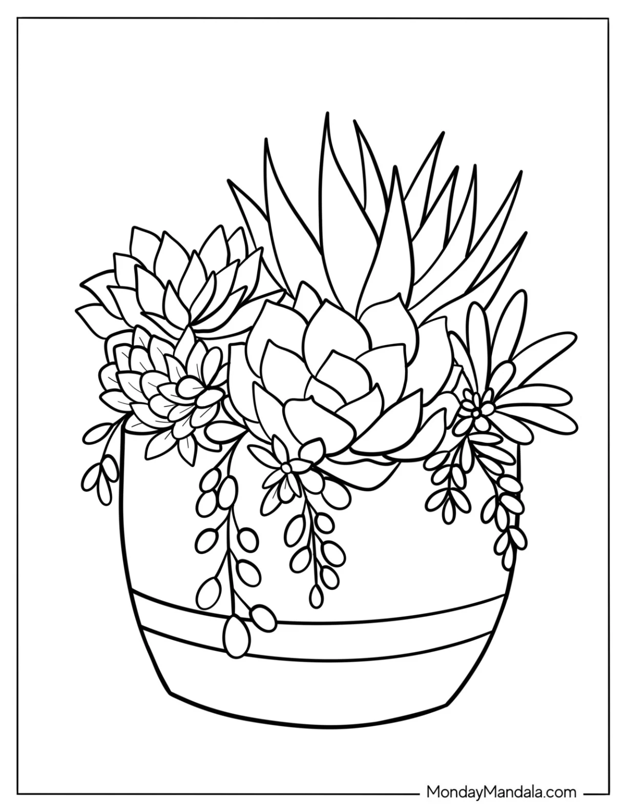 Simple Succulent Coloring Page In A Round Flower Pot For Kids coloring page