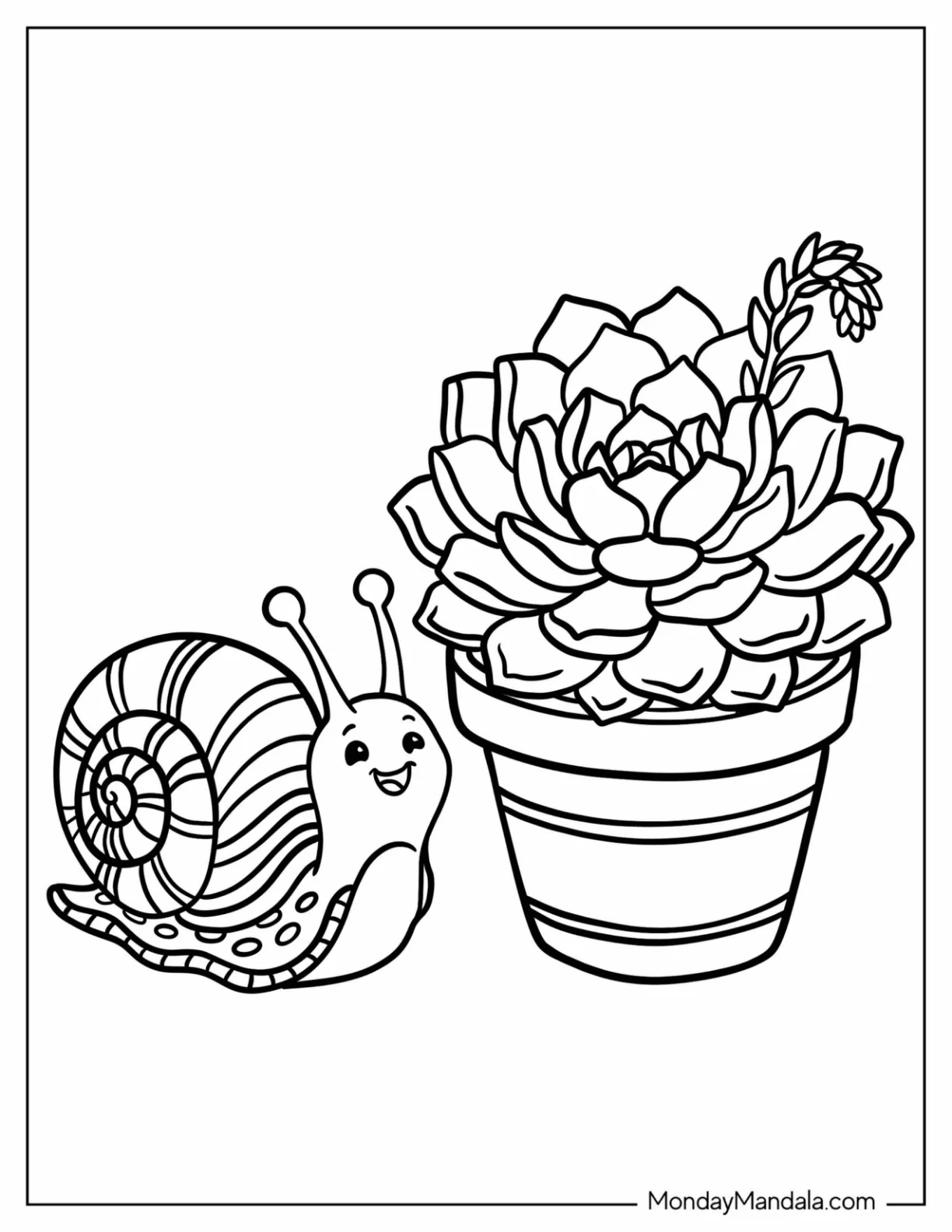 Snail Beside a Flowering Echeveria Succulent Coloring Page for Kids coloring page