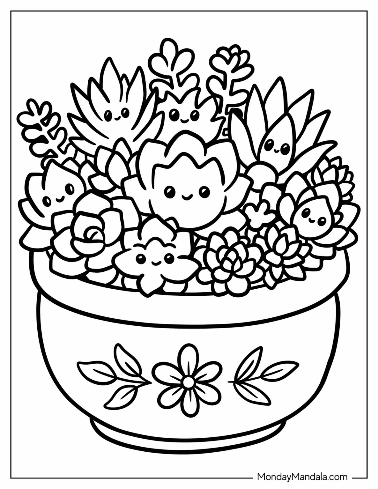 Succulent Arrangement in a Floral Bowl Coloring Page for Kids coloring page