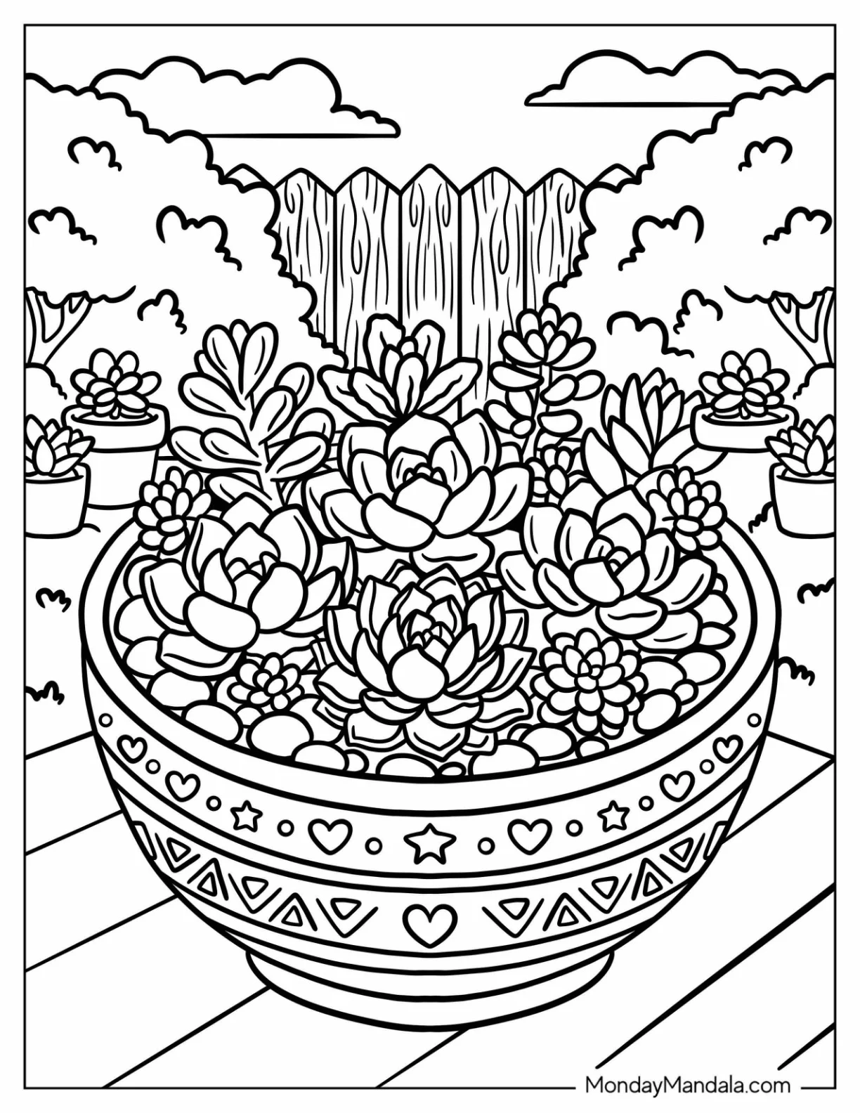 Succulent Bowl Garden in the Backyard Coloring Page coloring page