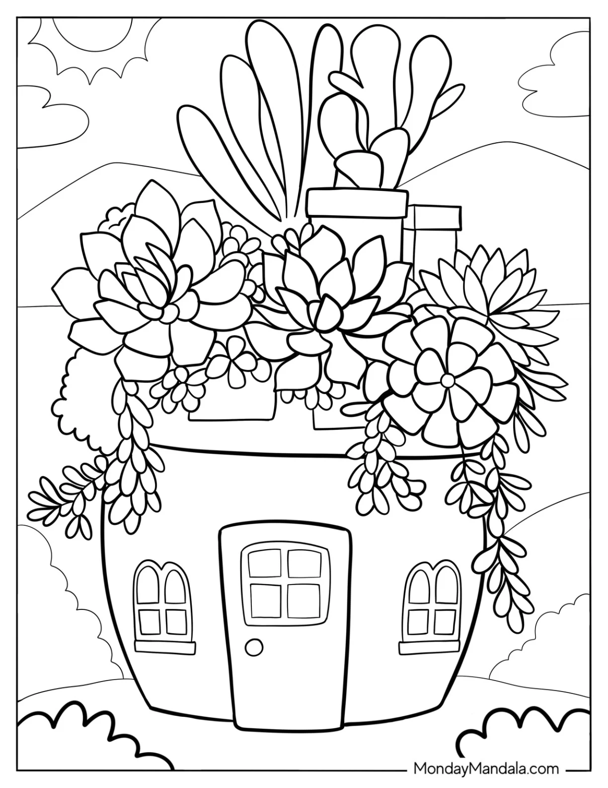 Succulent Coloring Page In A House Flower Pot coloring page