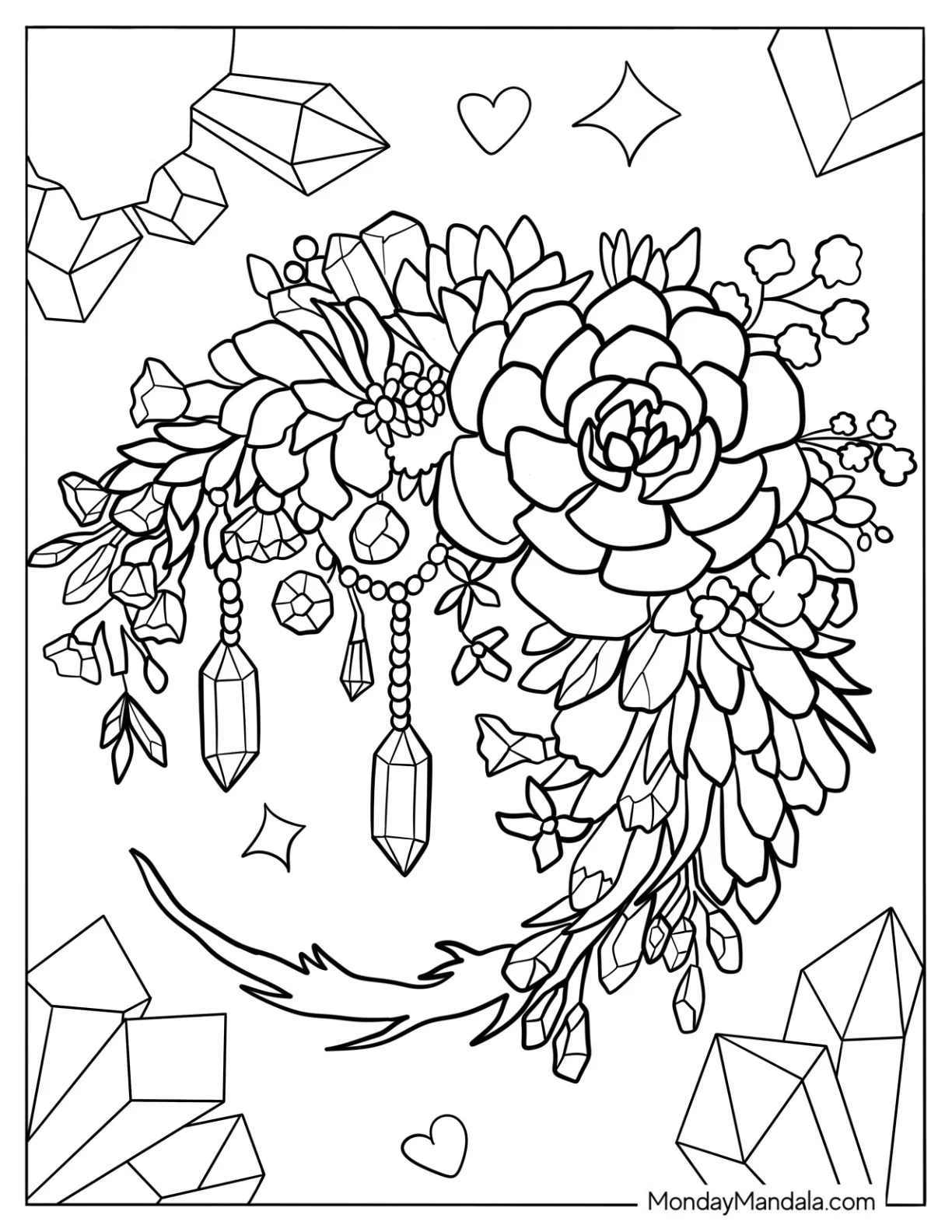 Succulent Coloring Page On A Crescent Moon Dreamcatcher coloring page
