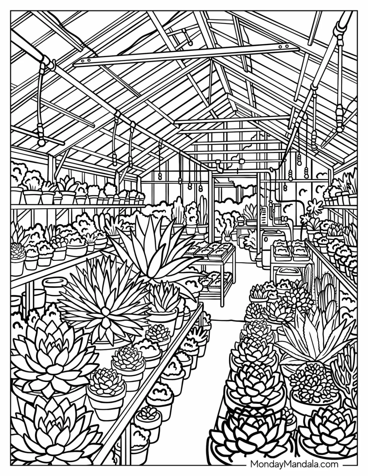 Succulent Greenhouse Filled with Potted Plants Coloring Page coloring page