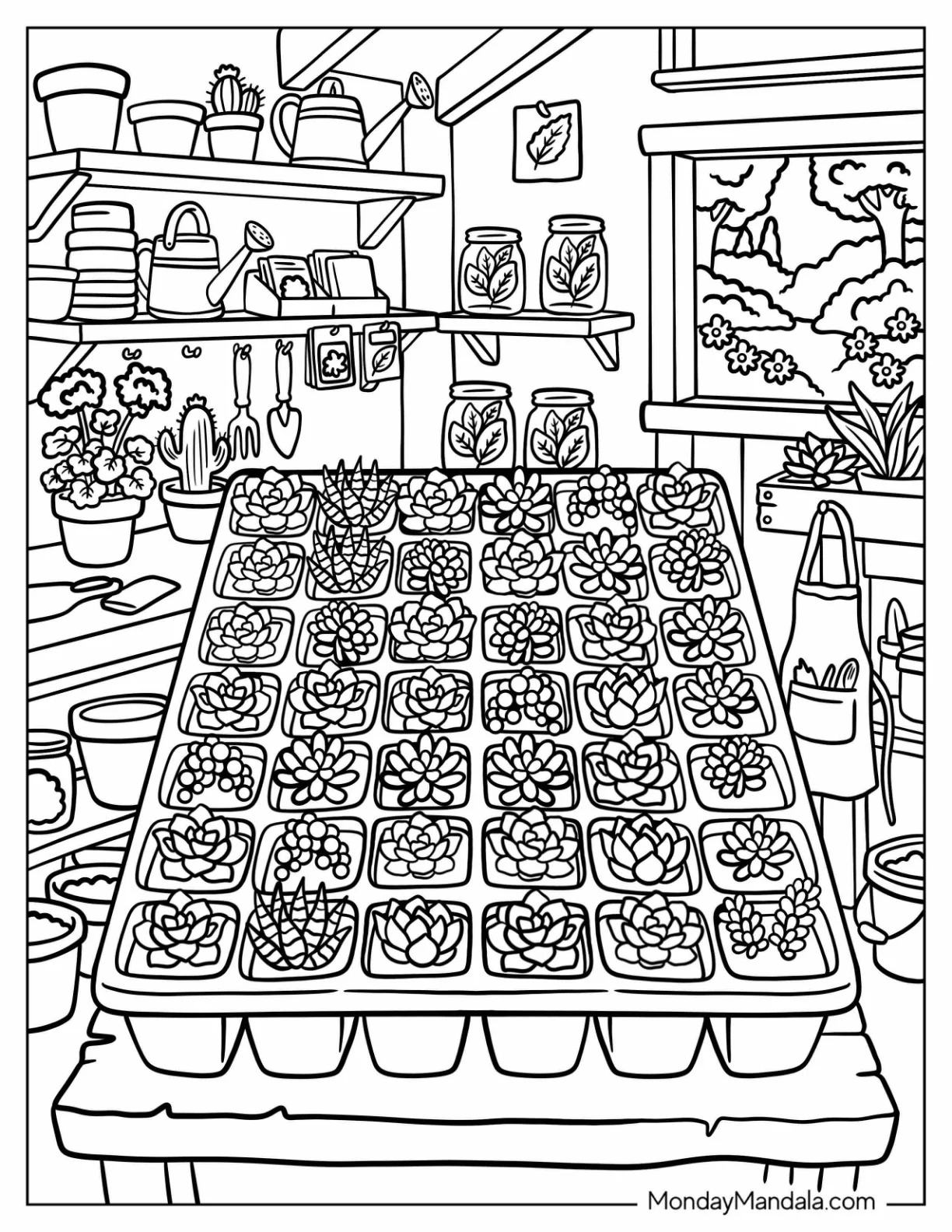 Succulent Seedling Tray in an Indoor Garden coloring page