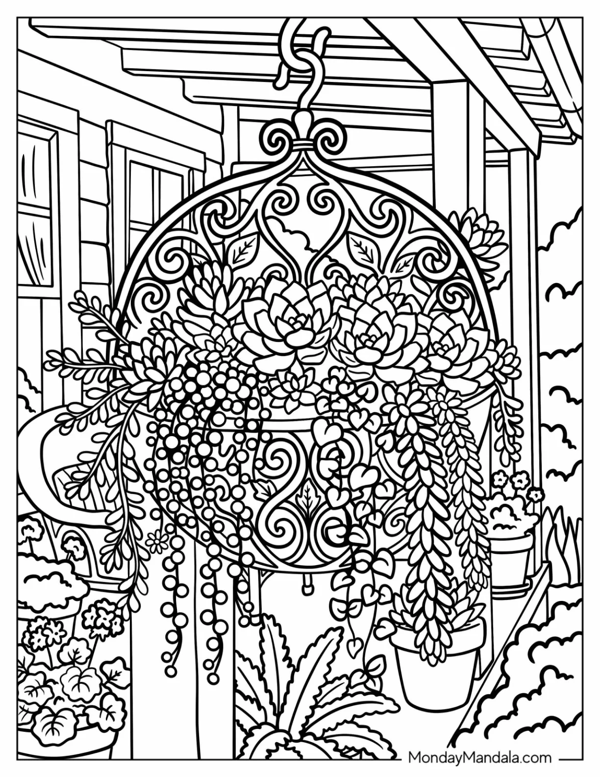 Succulents in an Ornate Hanging Basket Coloring Page coloring page
