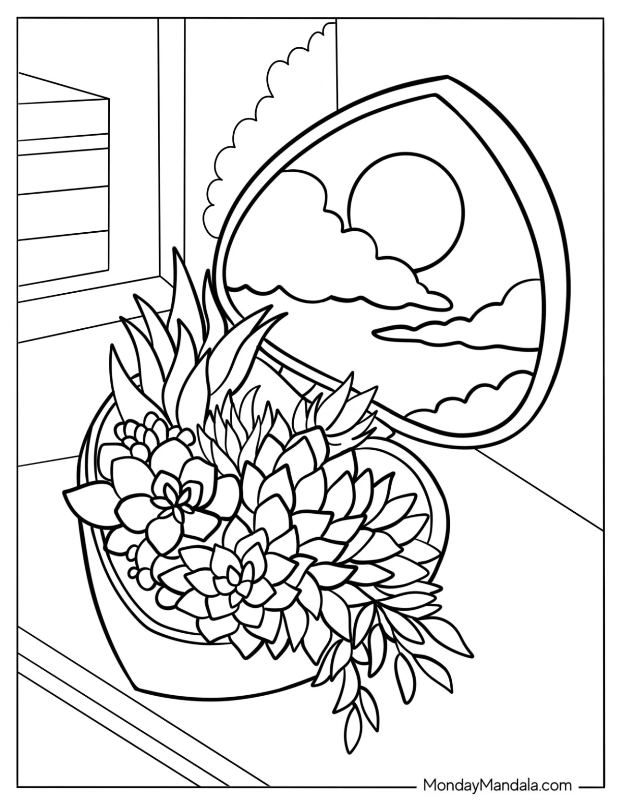 Various Succulent Coloring Page In A Heart Shaped Container coloring page