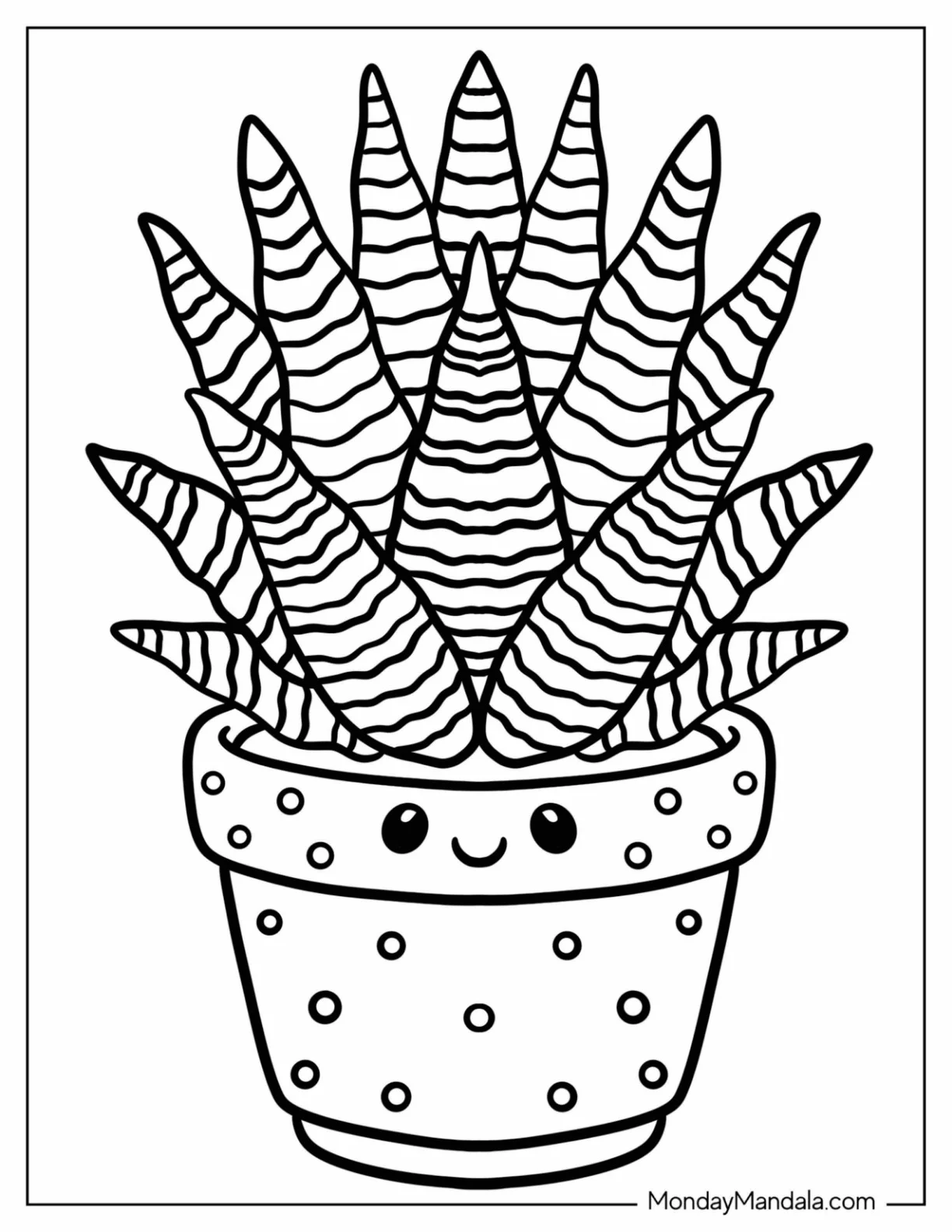 Zebra Haworthia Succulent in a Smiling Polka Dot Pot Coloring Page coloring page
