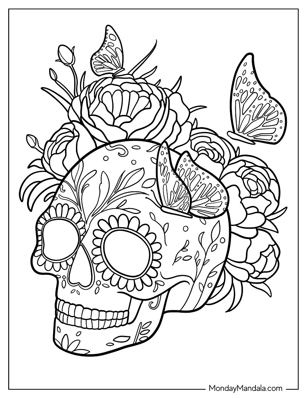 Angled View Of Sugar Skull Coloring Page With Butterflies And Plenty Of Roses coloring page