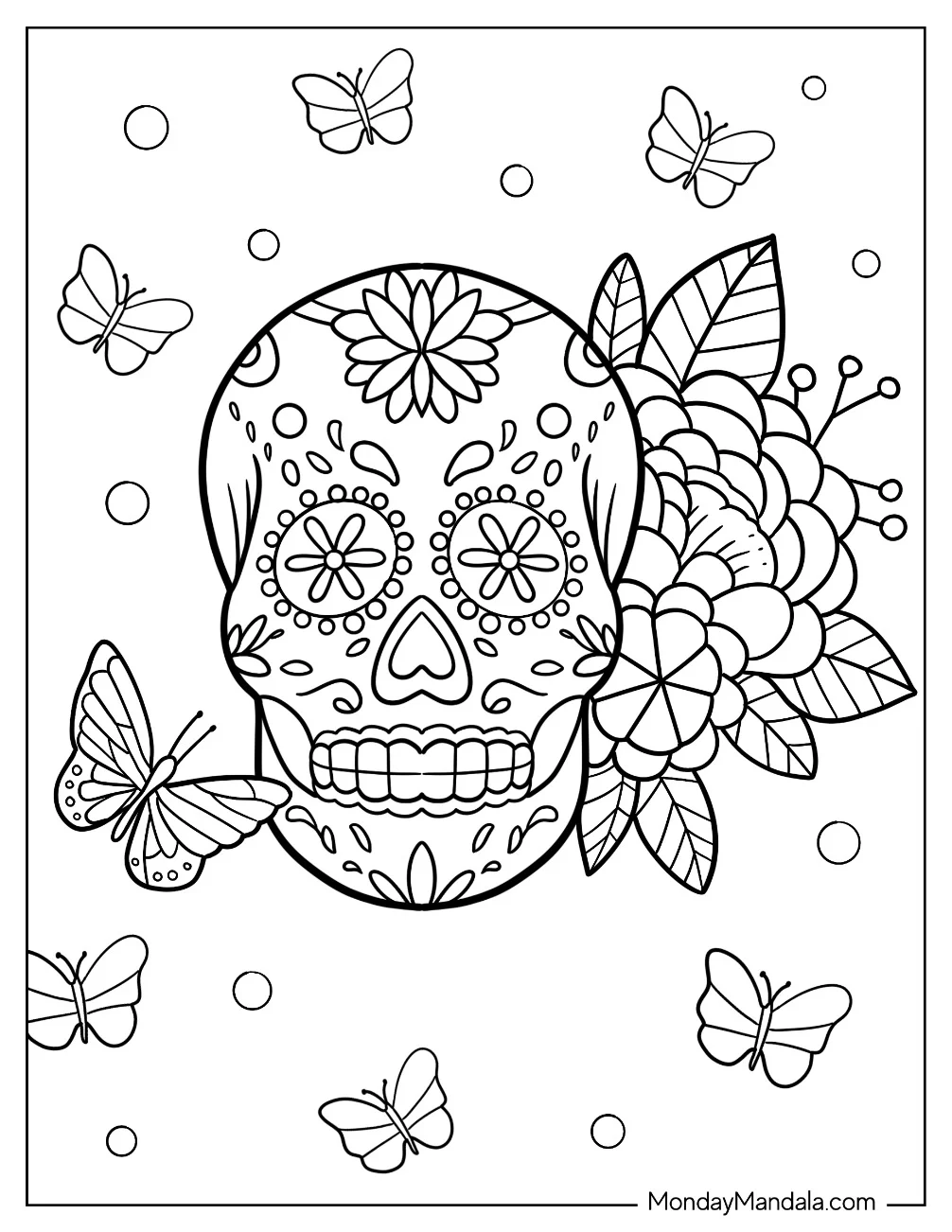 Butterfly Flying To A Sugar Skulls Coloring Page With Flowers coloring page — printable line art
