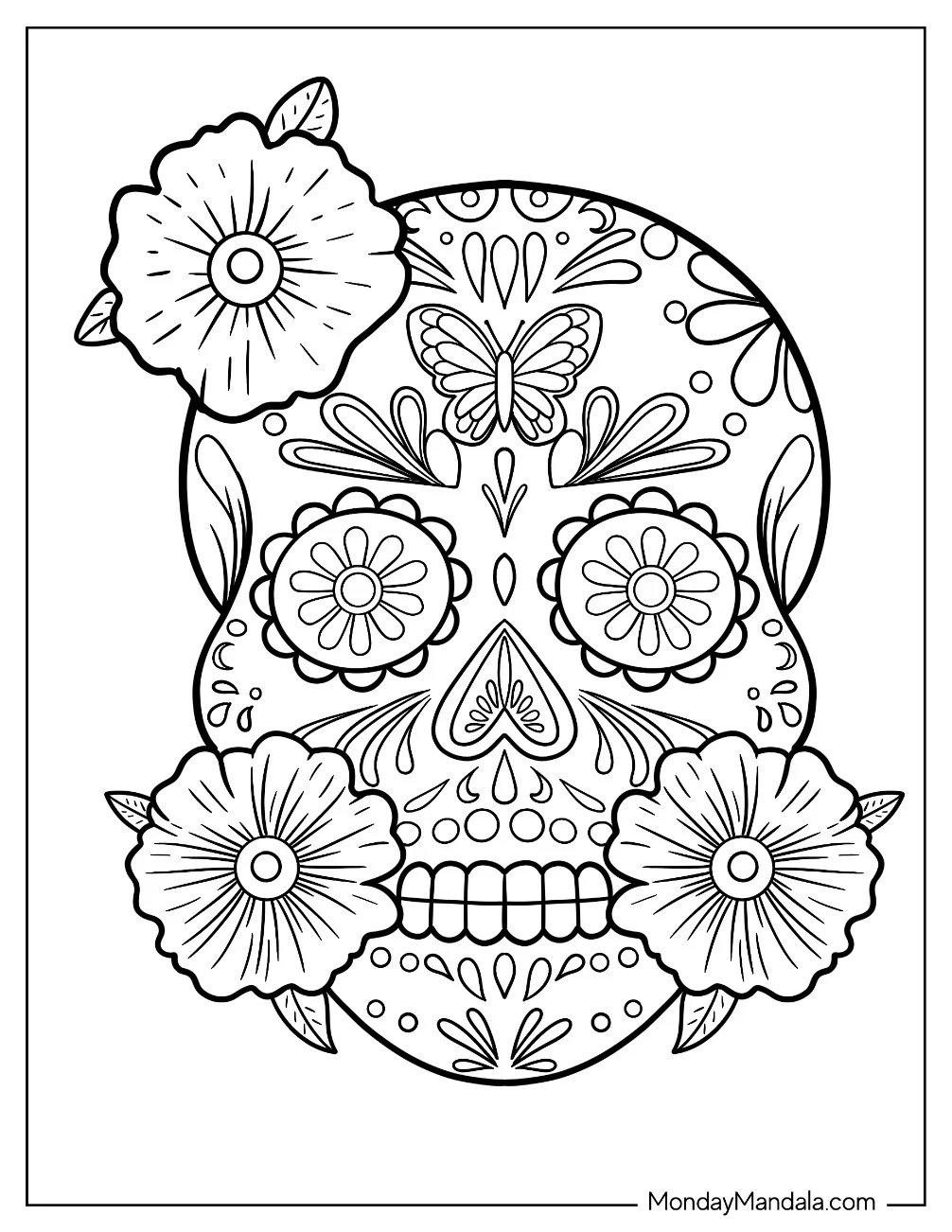 Detailed Sugar Skulls Coloring Page Design With Hibiscus Flowers coloring page — printable line art