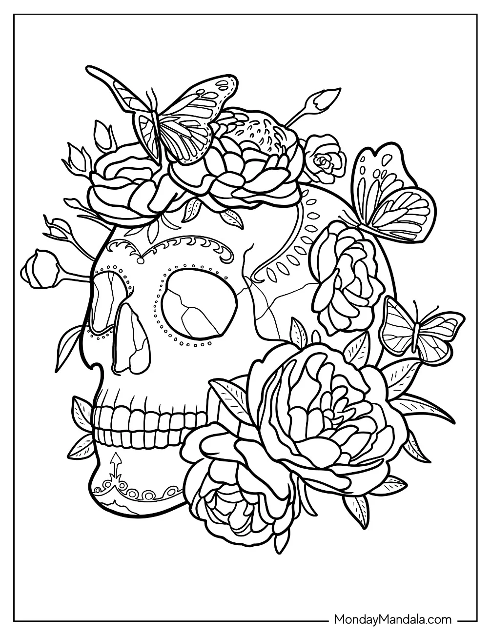Detailed Sugar Skulls Coloring Page With Flowers And Butterflies coloring page — printable line art