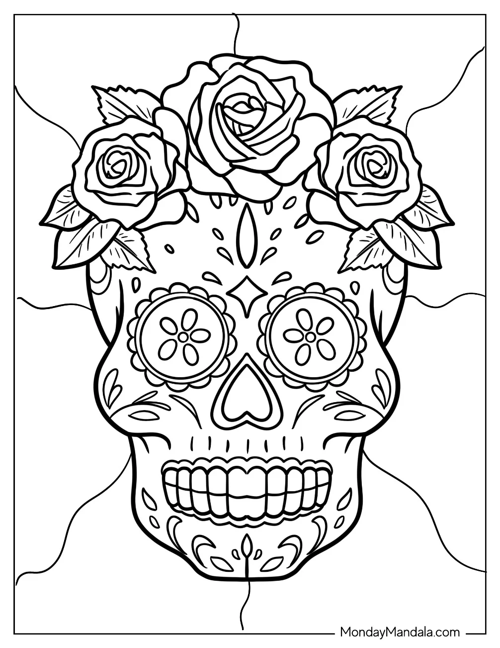 Easy Sugar Skulls Coloring Page Design With Roses On The Head coloring page