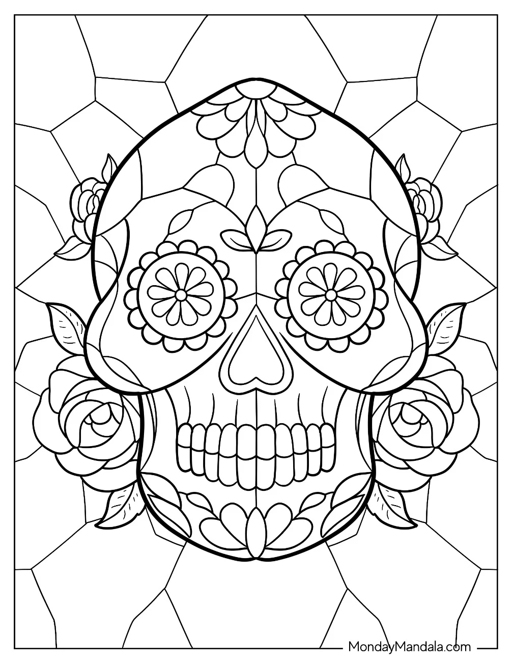 Easy Sugar Skulls Coloring Page With Roses For Kids coloring page