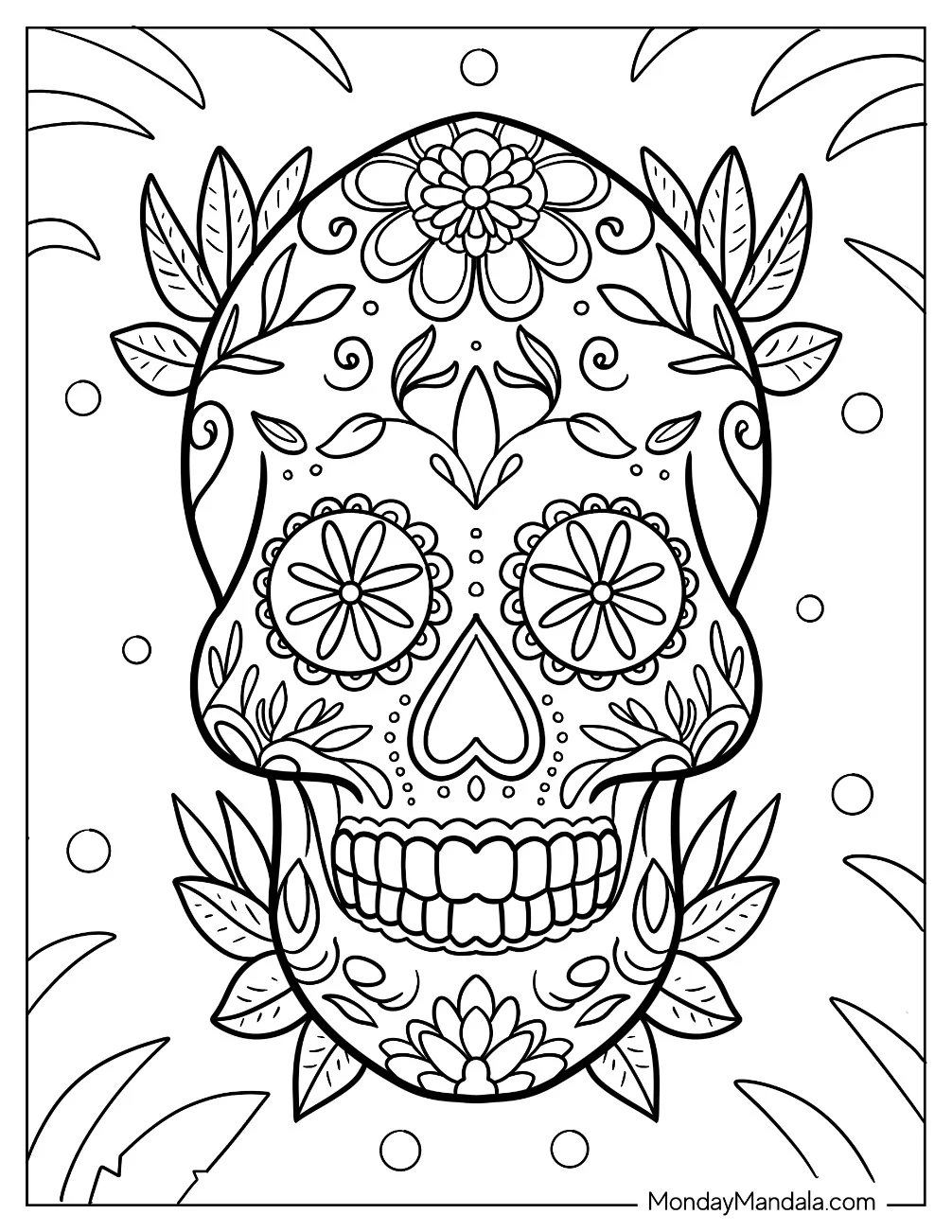 Floral Sugar Skull Coloring Page For Kids coloring page — printable line art