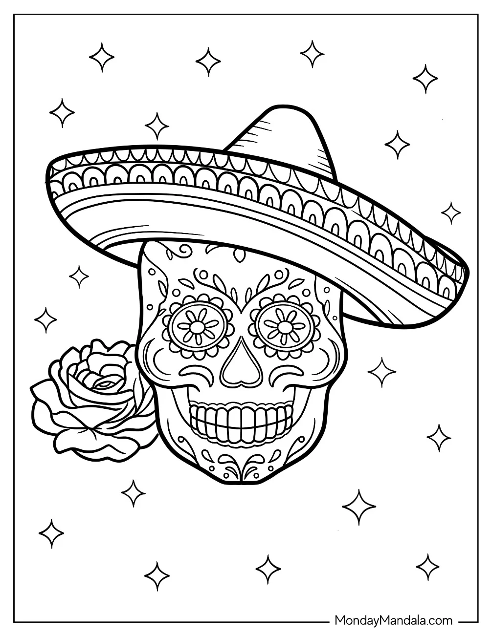 Grinning Sugar Skulls Coloring Page Wearing A Sombrero coloring page — printable line art