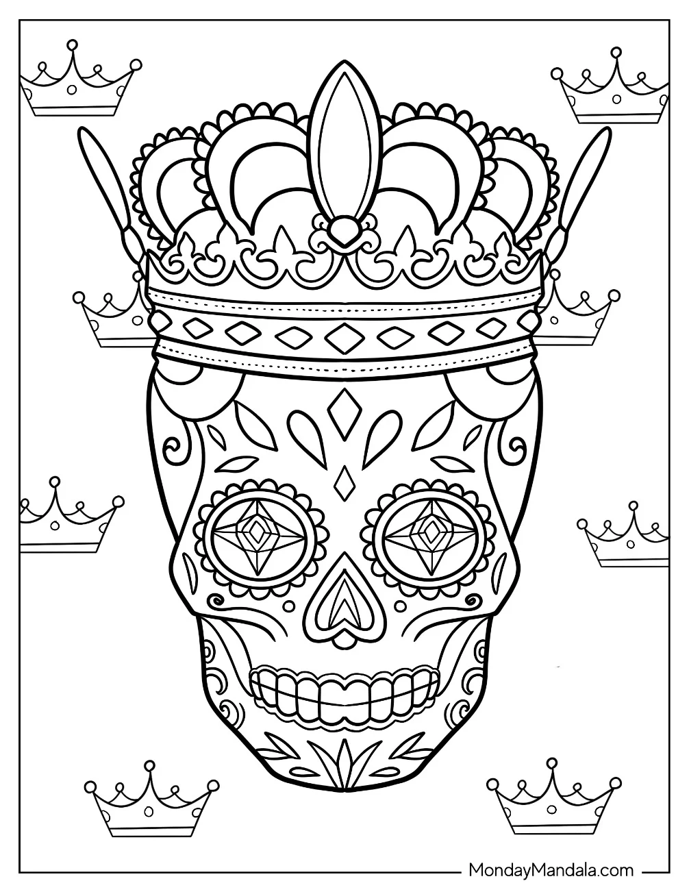 Majestic Sugar Skulls Coloring Page Wearing Crown coloring page