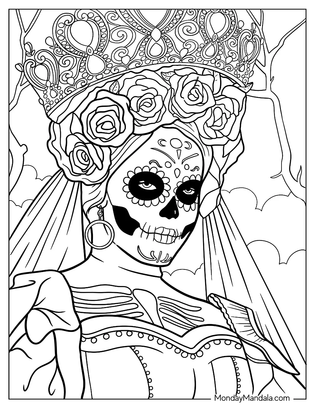 Realistic Sugar Skulls Coloring Page Costume With Tiara And Rose Wreath coloring page — printable line art