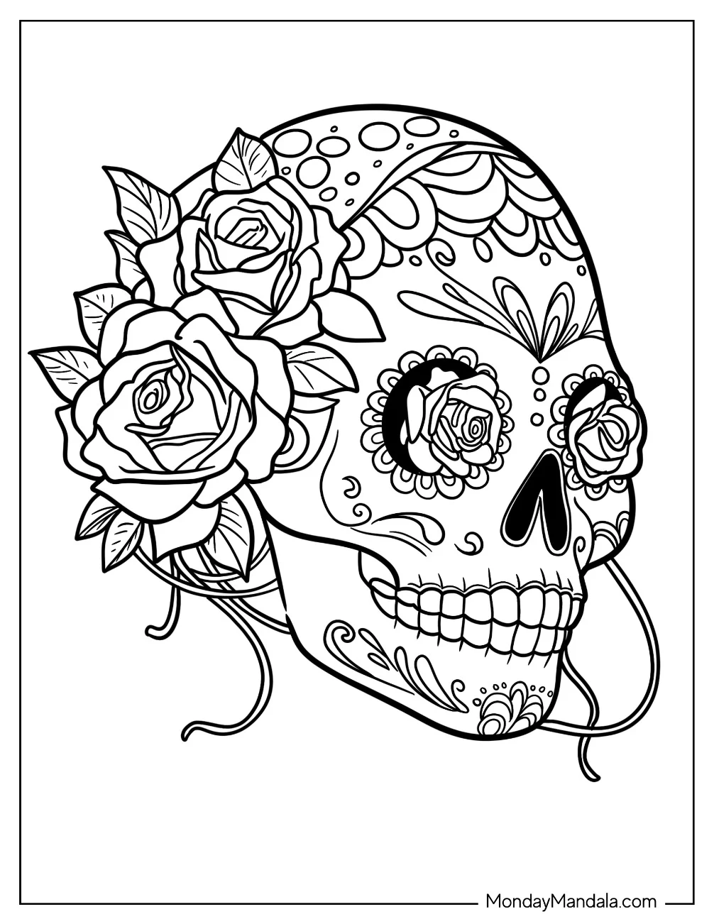 Smiling Female Sugar Skulls Coloring Page With Roses In The Eyes coloring page