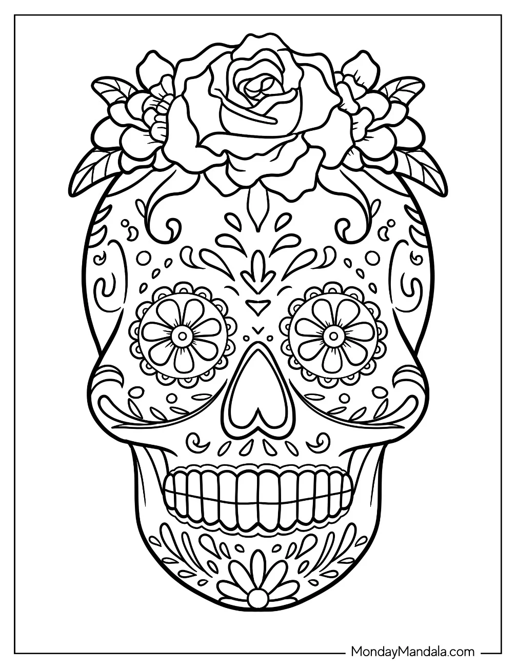 Smiling Sugar Skull Coloring Page Rose Wreath With Leaf Patterns coloring page