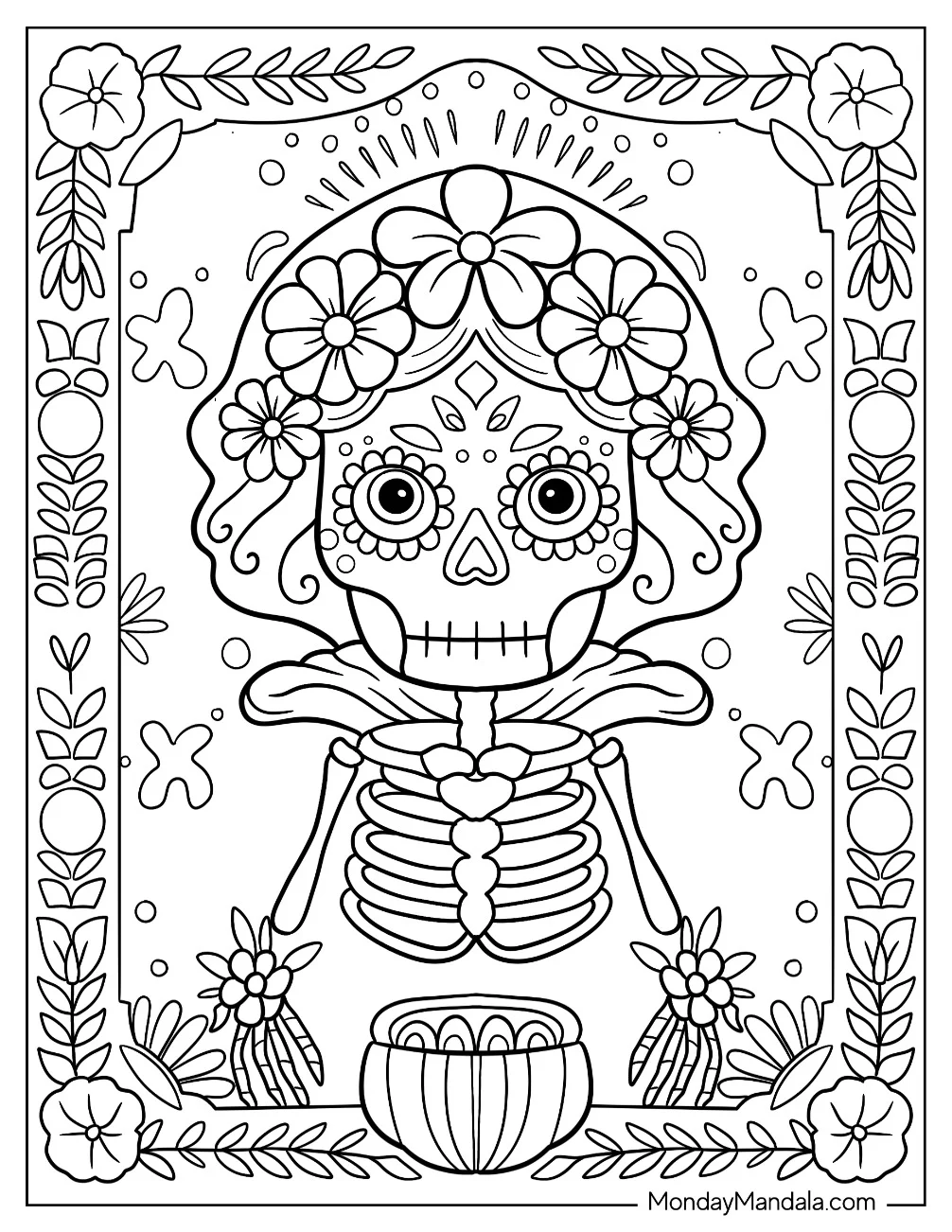 Snow White Sugar Skulls Coloring Page For Kids coloring page — printable line art