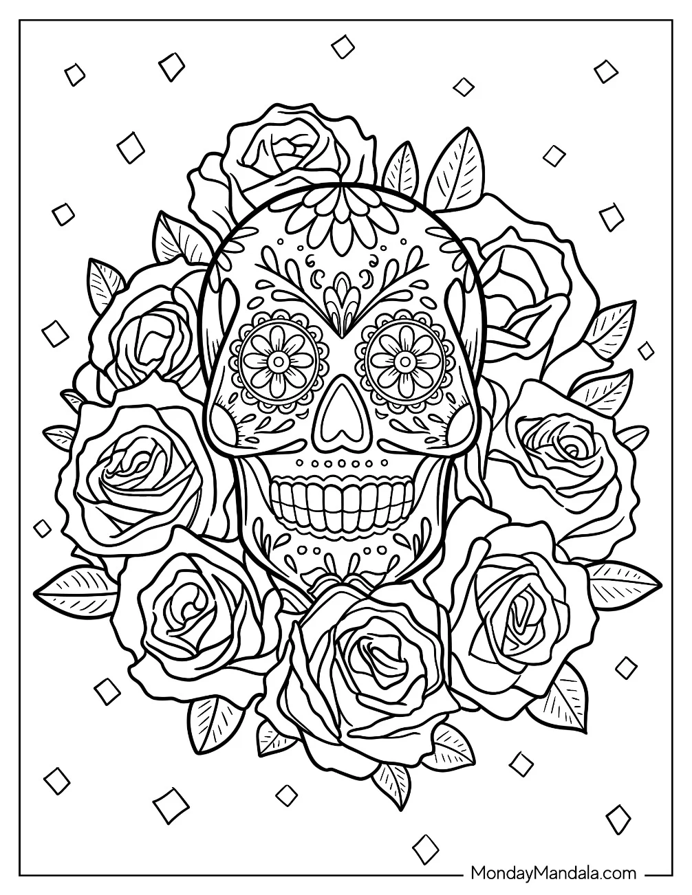 Sugar Skulls Coloring Page  Inside A Rose Wreath coloring page