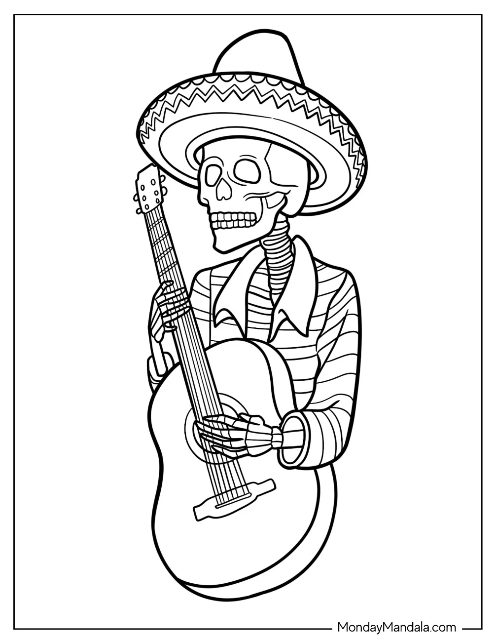 Sugar Skulls Coloring Page Of Skeleton Wearing Sombrero And Playing The Guitar coloring page