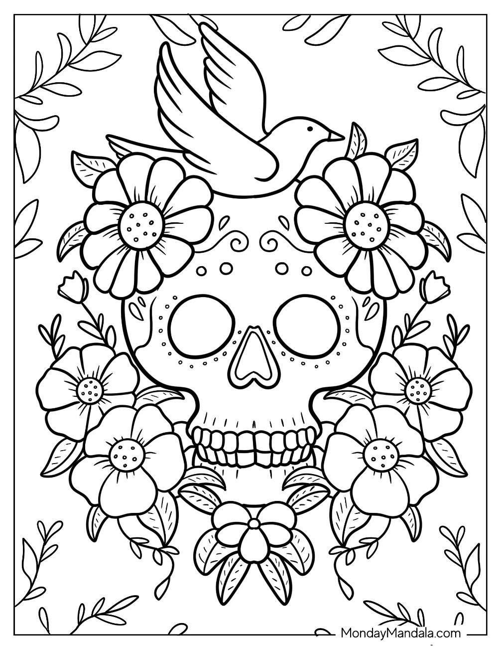 Sugar Skulls Coloring Page Surrounded By Daisies And Leaves coloring page