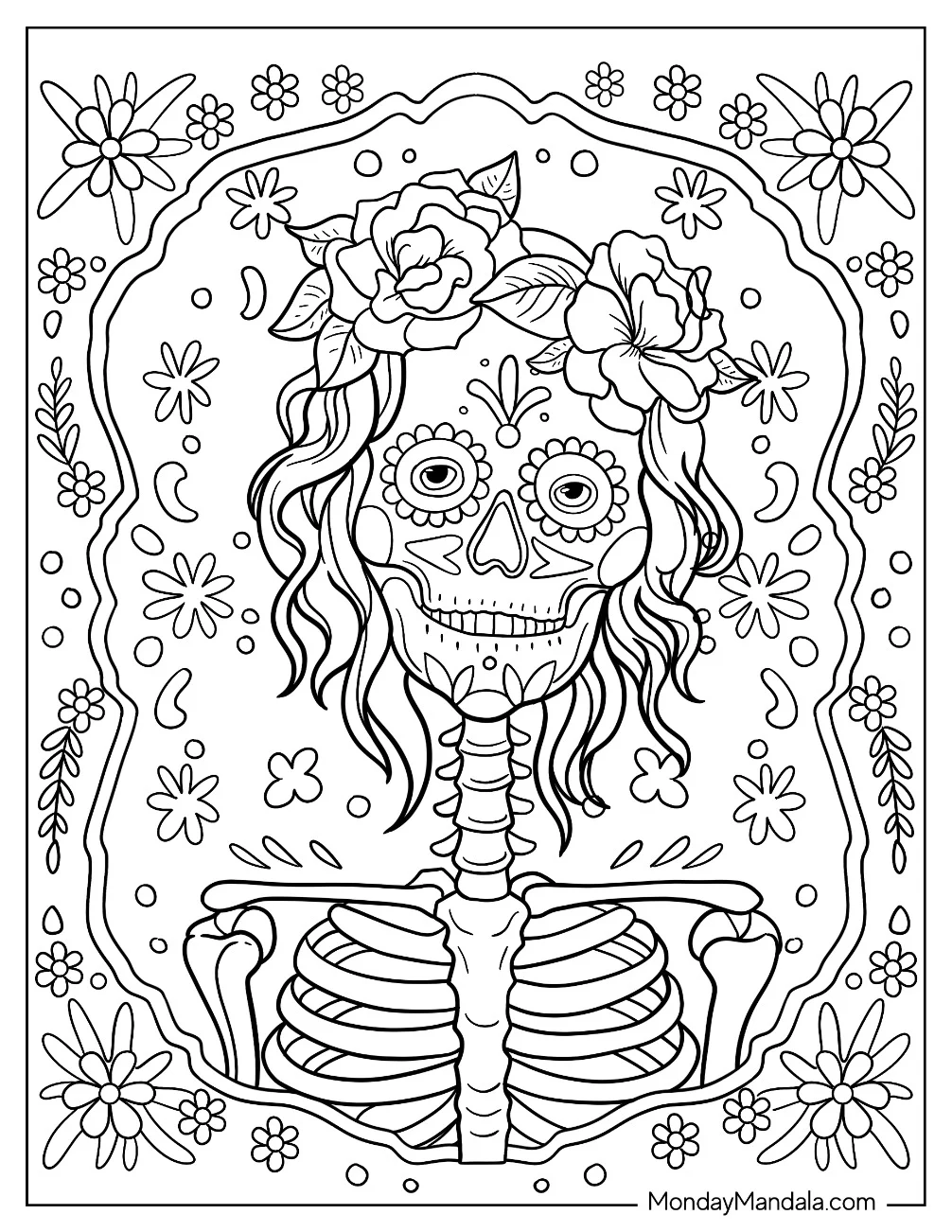 Sugar Skulls Coloring Page With Hair And Floral Background coloring page