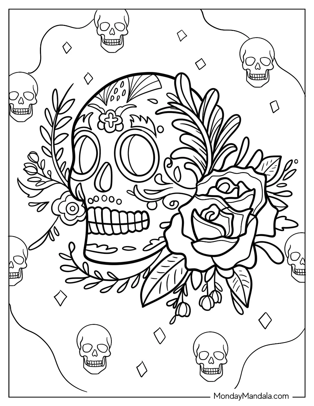 Sugar Skulls Coloring Page With Laurel Leaves And Roses coloring page