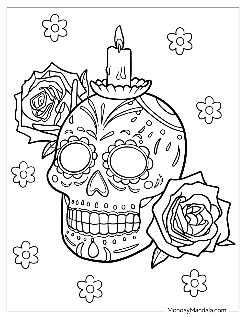 Sugar Skulls Coloring Page With Two Roses And A Lit Candle On Its Head coloring page