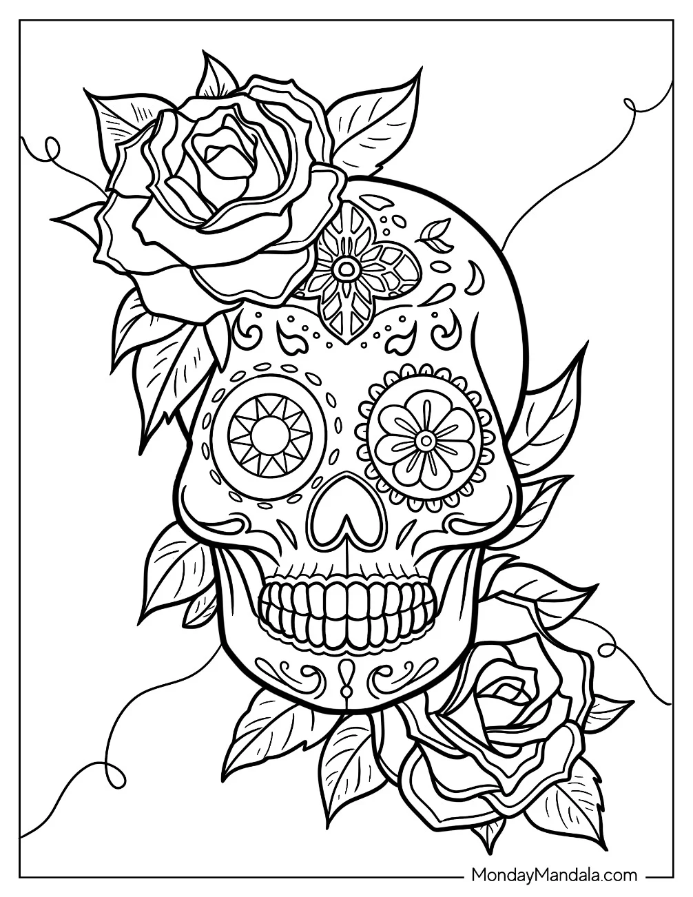 Sun And Hibiscus Patterns On Sugar Skull Eyes Coloring Page coloring page — printable line art