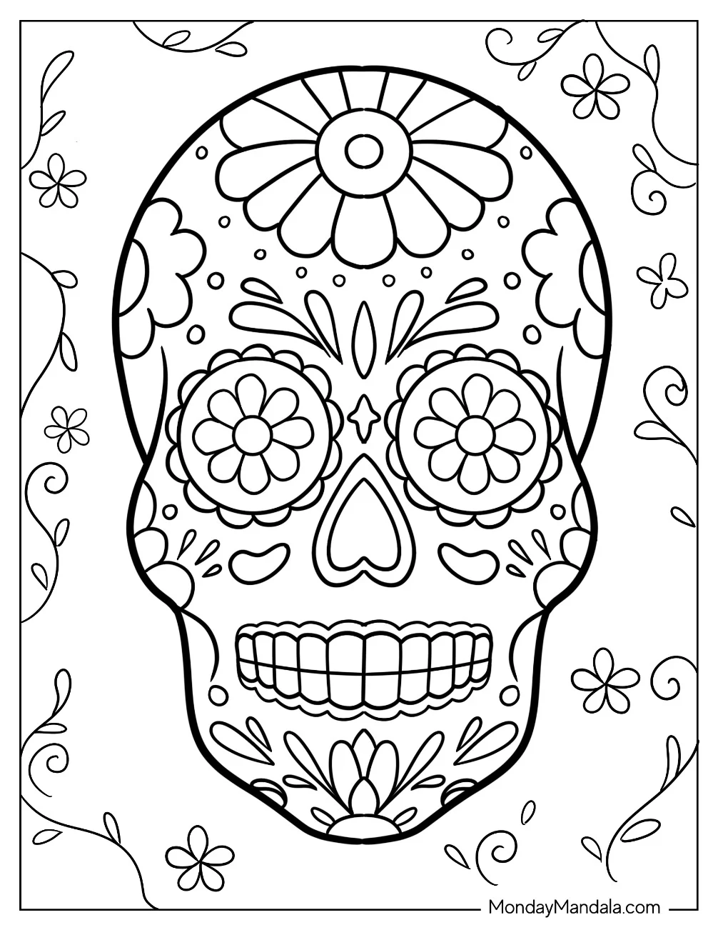 Sunflower Themed Sugar Skulls Coloring Page With Floral Background coloring page