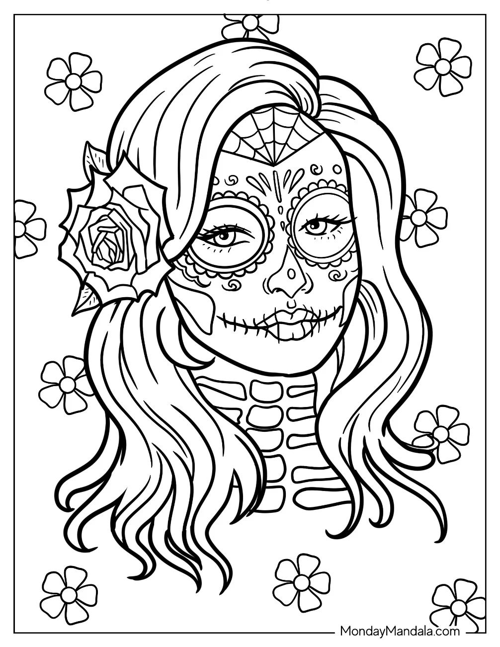 Woman With Sugar Skulls Coloring Page Face Paint And Rose Tucked Behind Her Ear coloring page