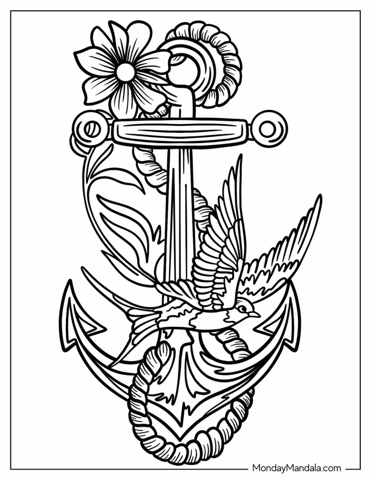 Anchor With Sparrow And Flowers Tattoo Coloring Page coloring page