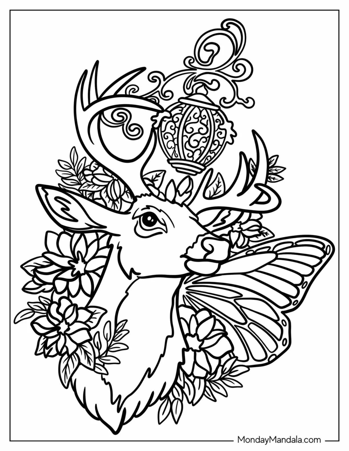 Deer Surrounded By Plants And Butterfly Wings Tattoo Coloring Page coloring page