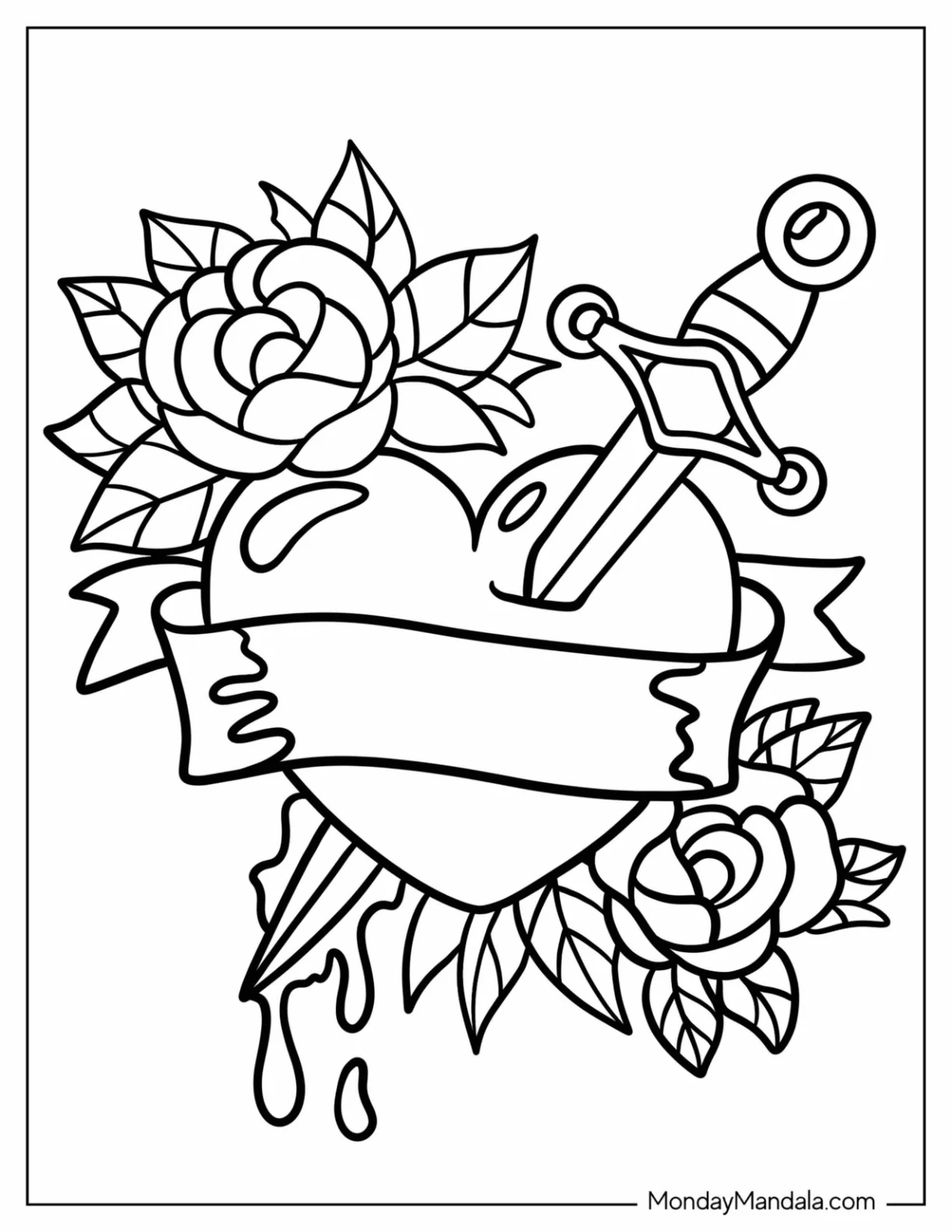 Easy Love Heart With Banner, Dagger, And Rose Tattoo Coloring Page coloring page