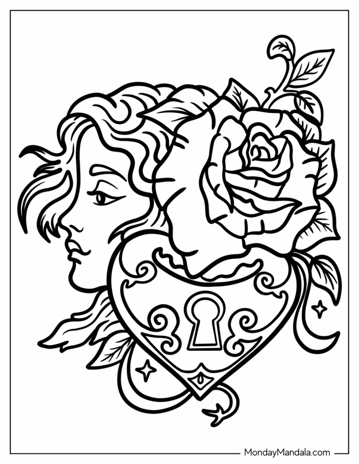 Girl With Rose And Heart Shaped Lock Tattoo Coloring Page coloring page