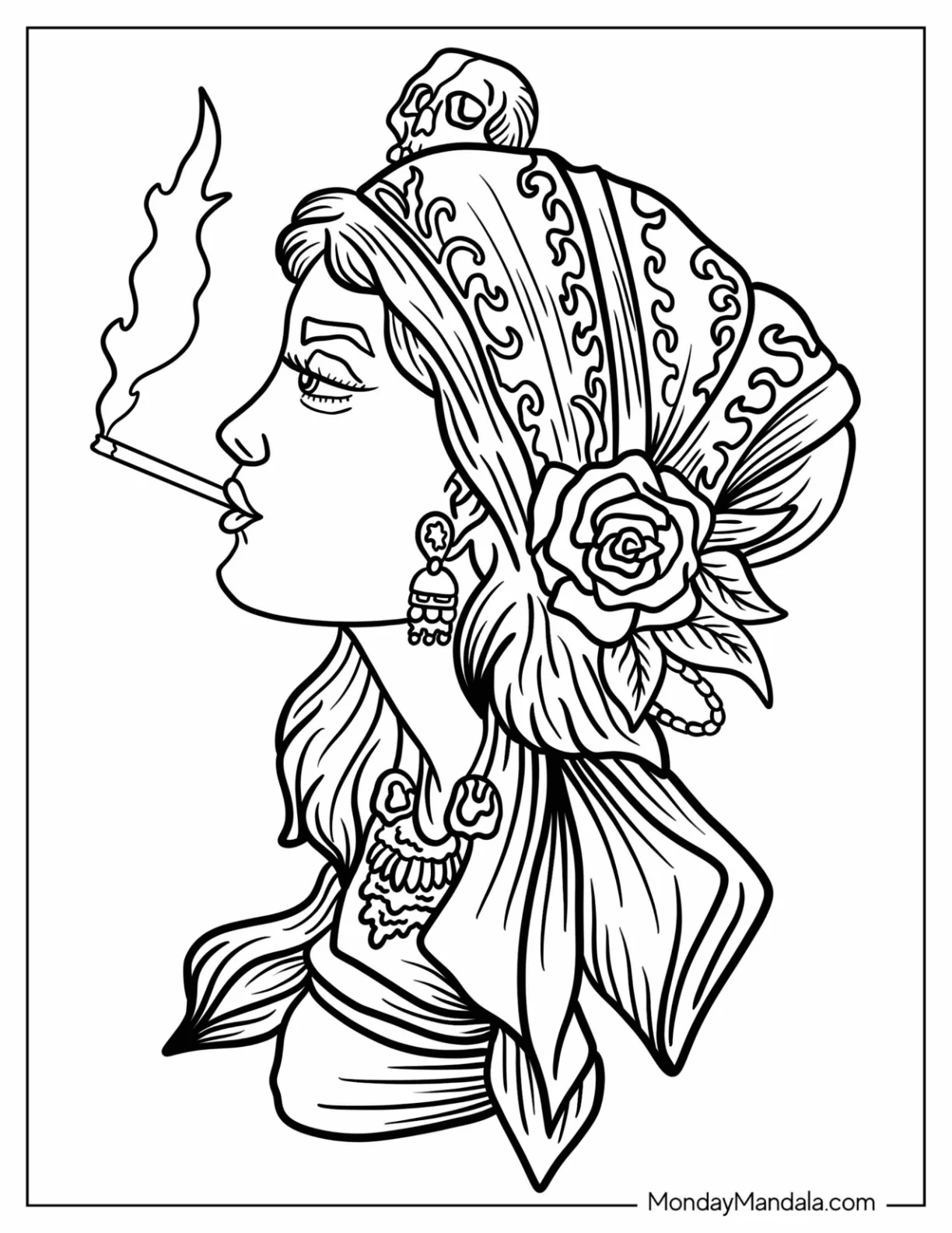 Hippie Girl Smoking Cigarette Tattoo Coloring Page coloring page