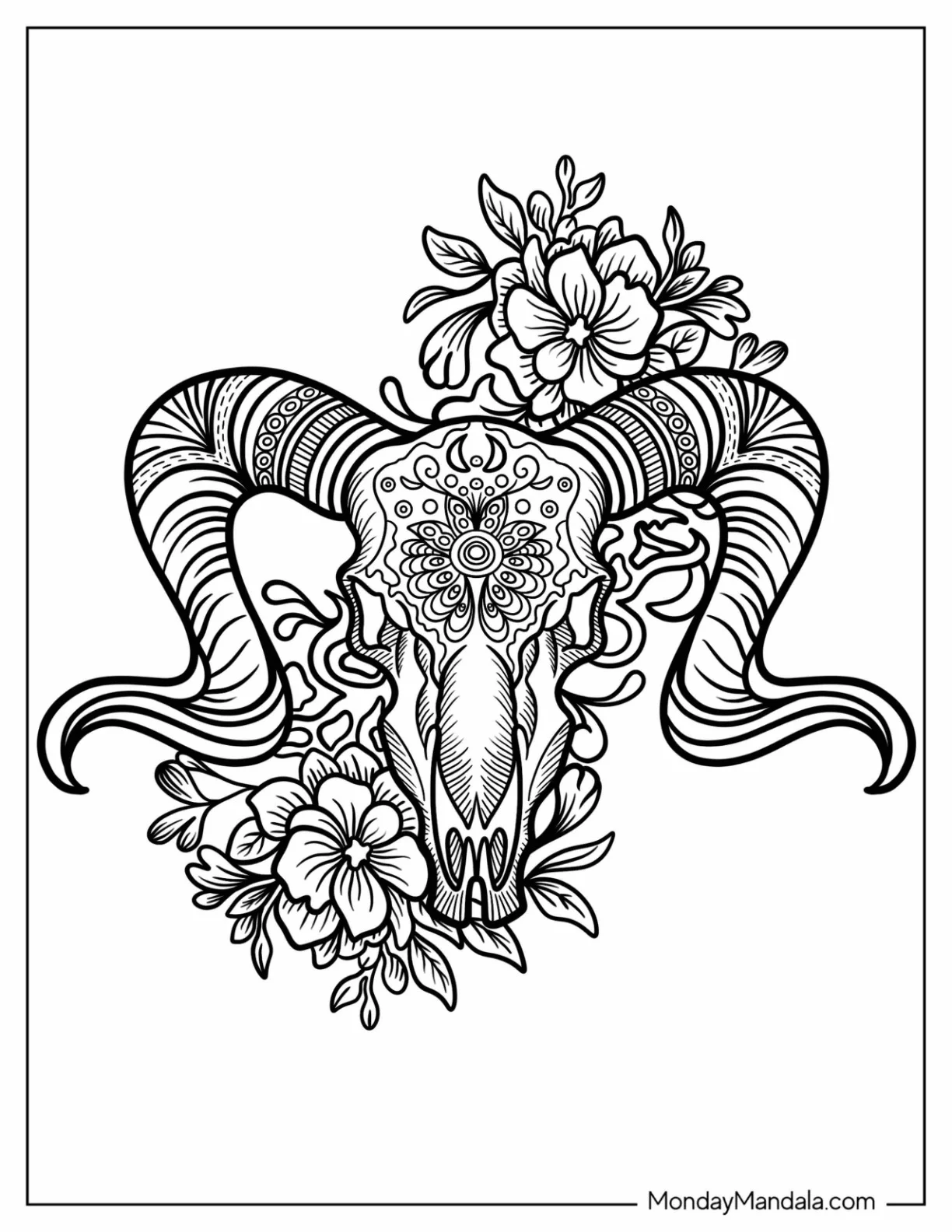 Longhorn Cow Skull With Flowers Tattoo Coloring Page coloring page